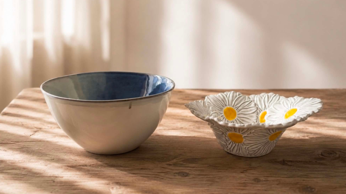 Terrafina Salty Sea serveringsskål og Bordallo Pinheiro Maria Flor Daisy salatskål - håndlavet keramik hos KASAMI