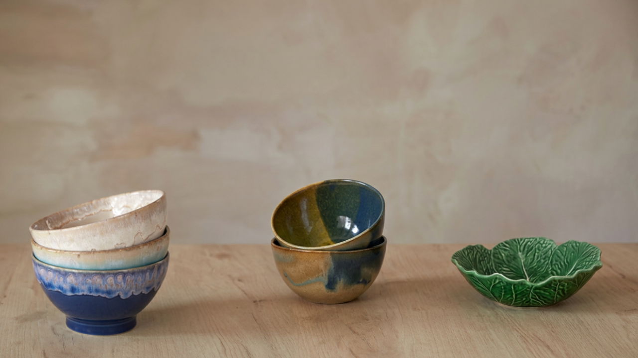 Costa Nova latte bowls, Terrafina Corals små skåle og Bordallo Pinheiro Cabbage mellem skål i grøn