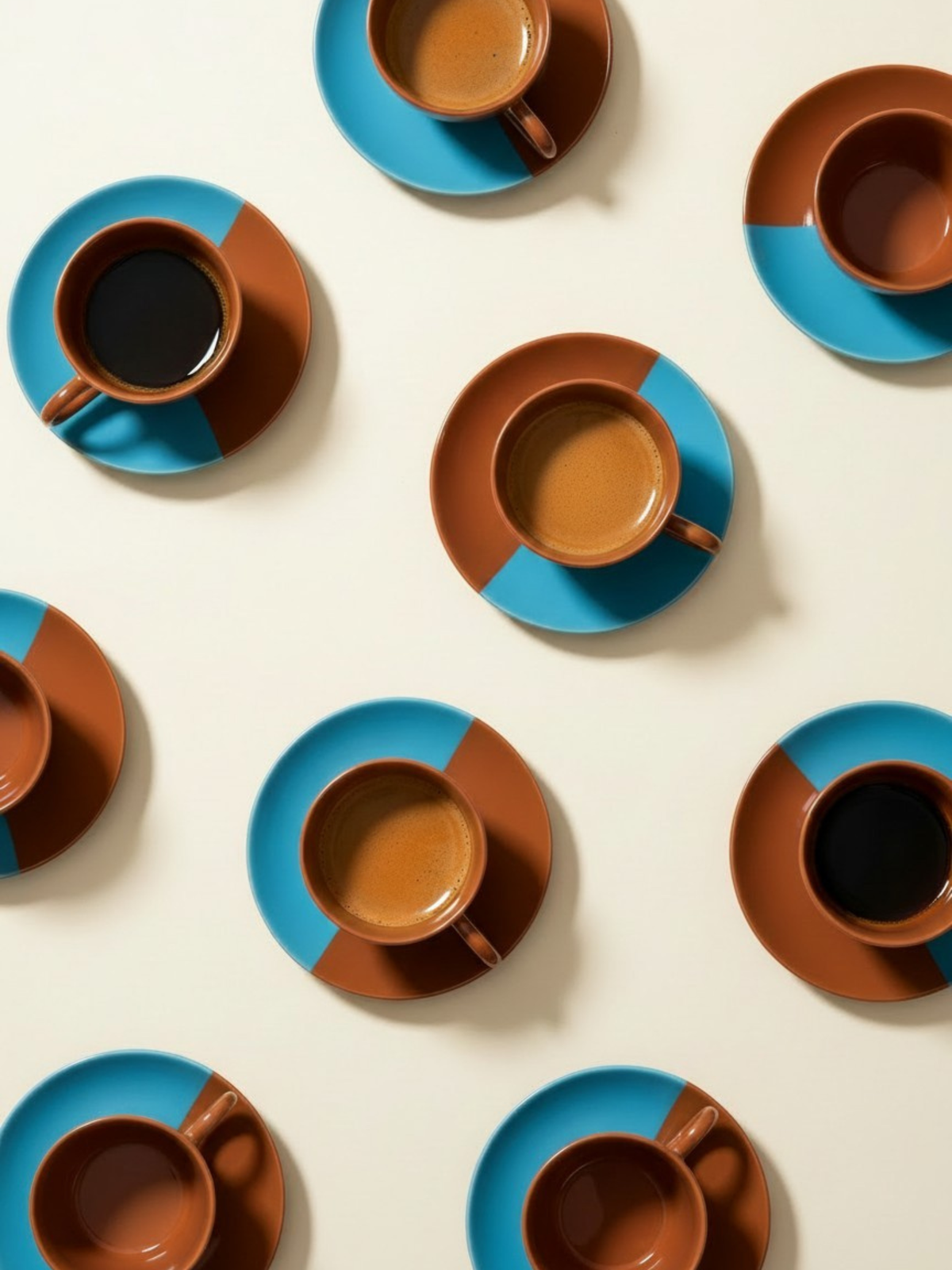 Casa Cubista Dipped espressokop i brun og aqua, mange på et billede - håndlavet terracotta fra Portugal