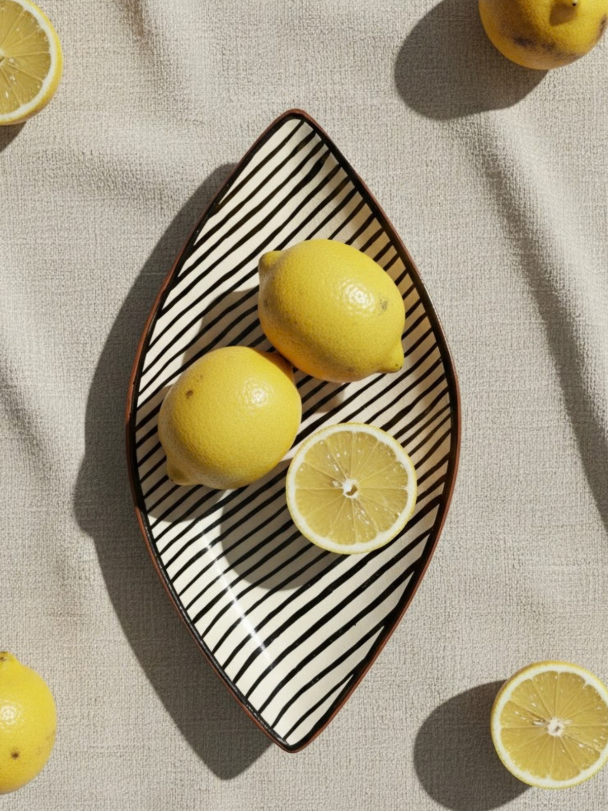 Casa Cubista Leaf fad formet som et blad med sorte og hvide striber på varm terracotta med citroner - håndlavet keramik fra Portugal