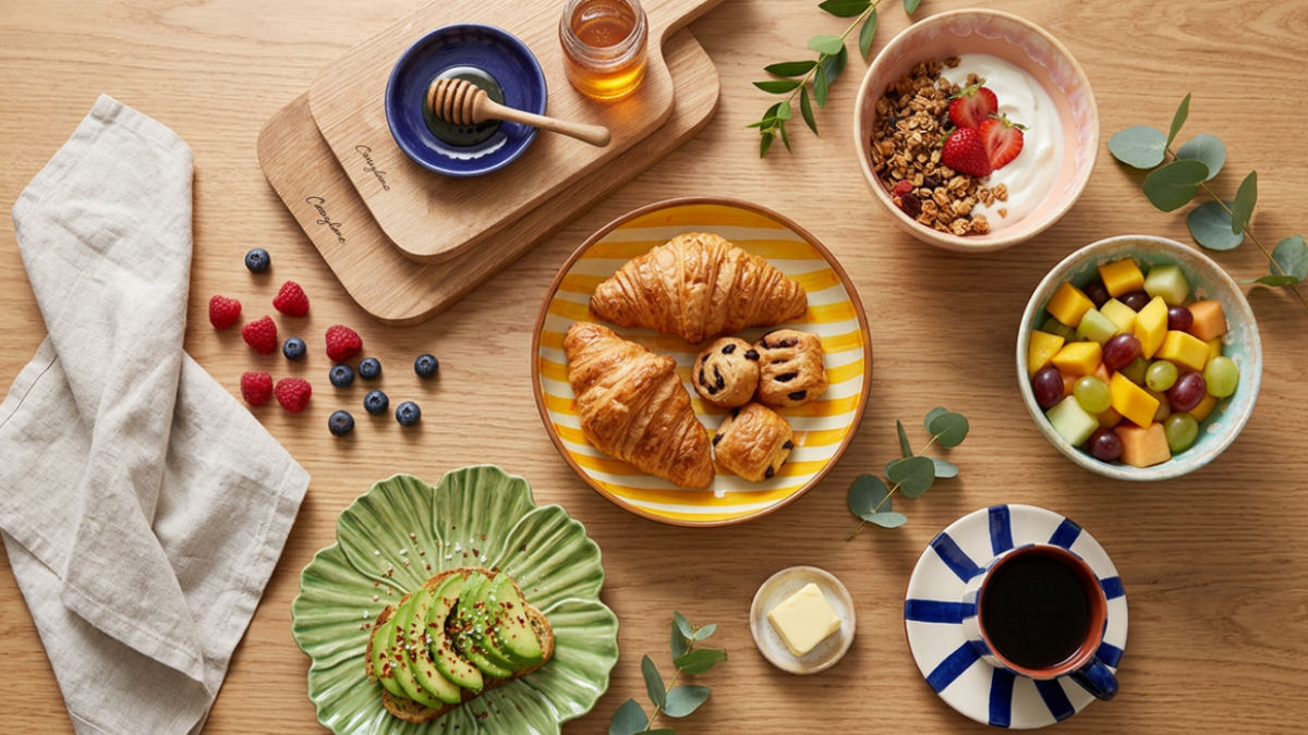 Casafina by Costa Nova Oak Wood skærebræt, Casa Cubista Bold Stripe espresso kop i blå, Costa Nova Latte Bowls i aqua og pink, Casa Cubista Bold Stripe bowl med gule striber, Bordallo Pinheiro grøn Cosmos tallerken