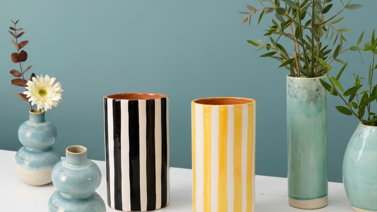 Terrafina Harmonia vase i blå og hvid, Casa Cubista Bold Stripe vaser i gul og sort, Costa Nova Madeira cylindervase i seablue