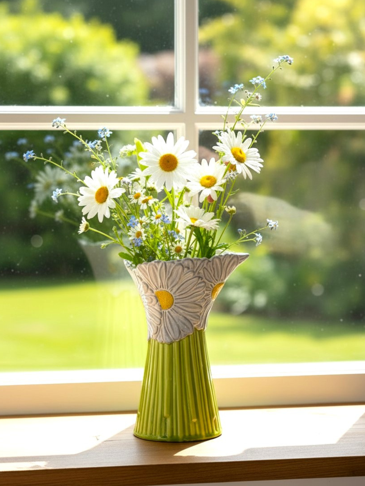 Bordallo Pinheiro Maria Flor Daisy kande i hvid, gul og grøn med blomster - håndlavet keramik fra Portugal
