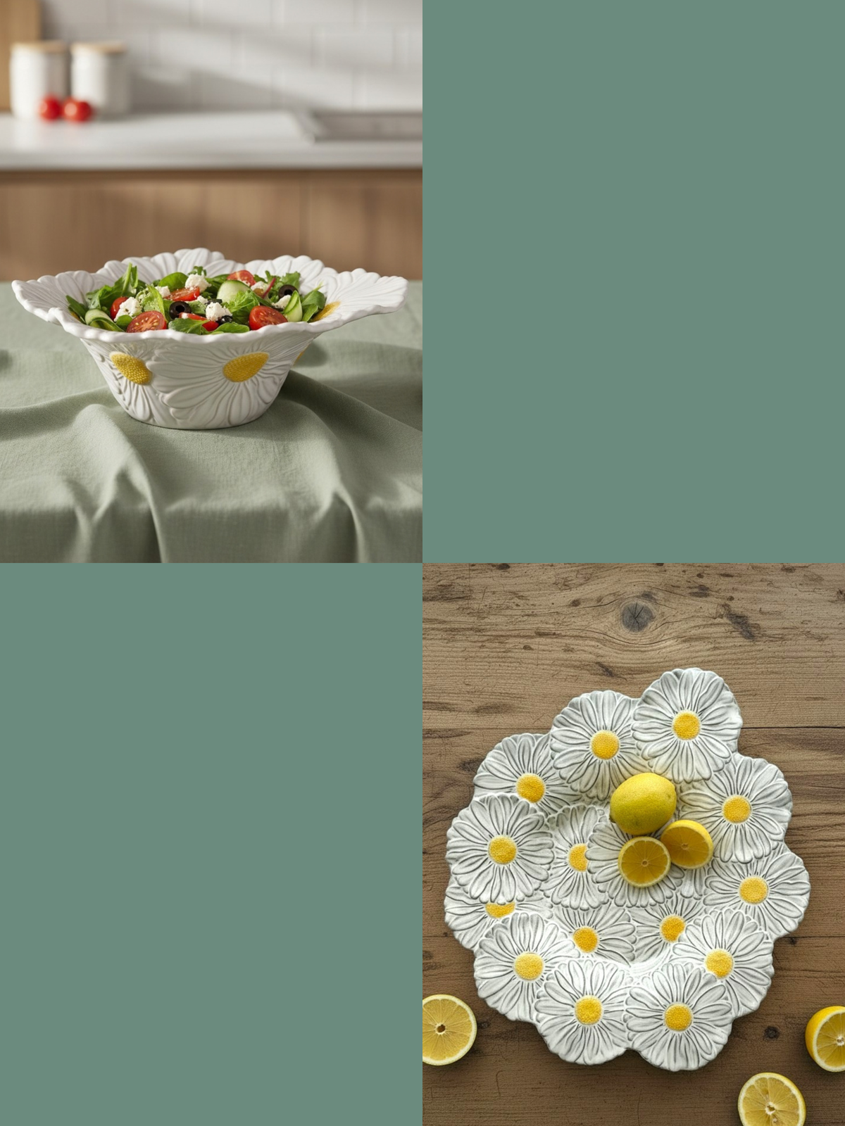 Bordallo Pinheiro Maria Flor Daisy sæt med centrepiece og salatskål - håndlavet keramik fra Portugal