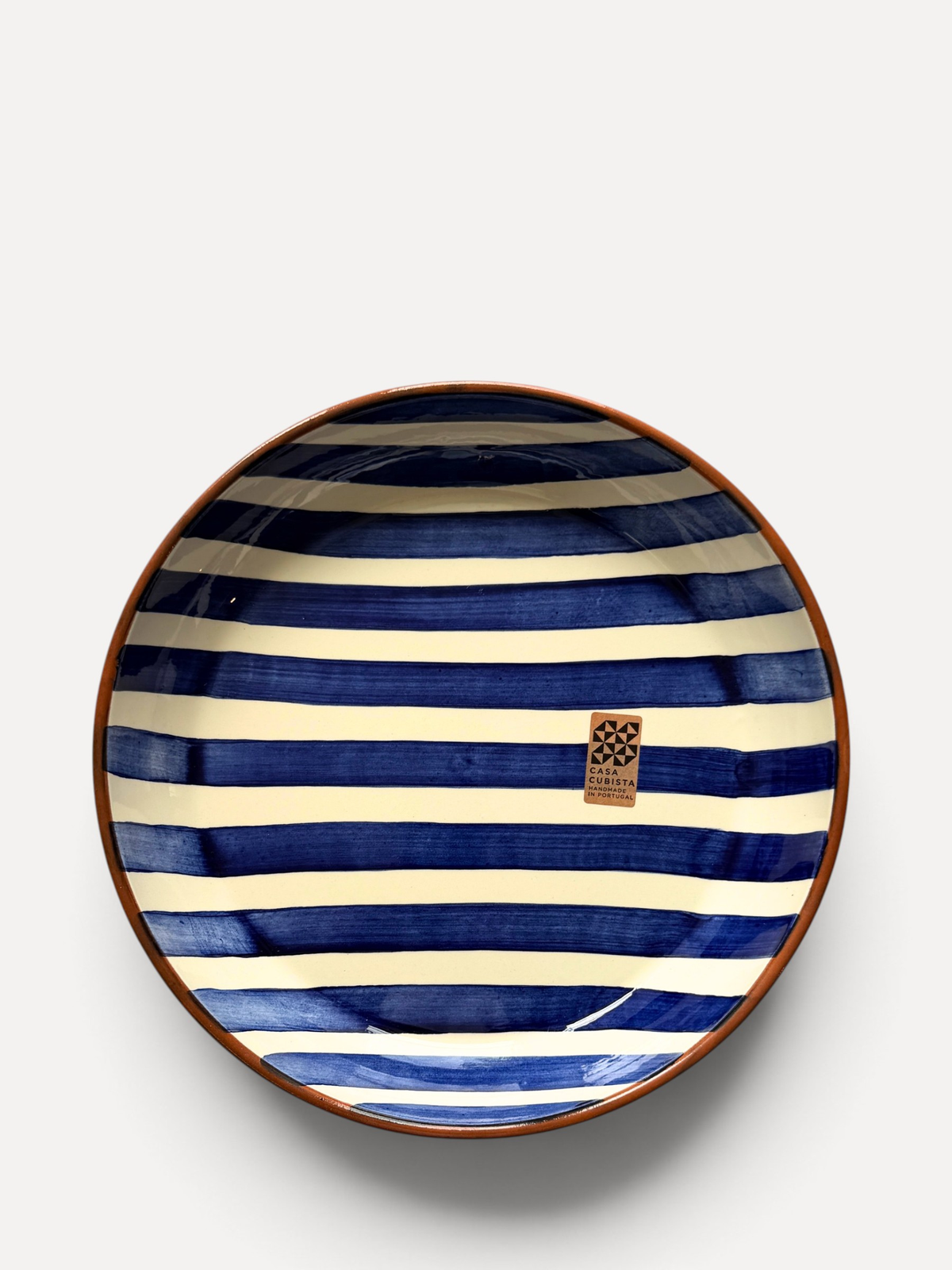 Casa Cubista Bold Stripe serveringsskål hvid terracotta med blå striber - håndlavet i Portugal