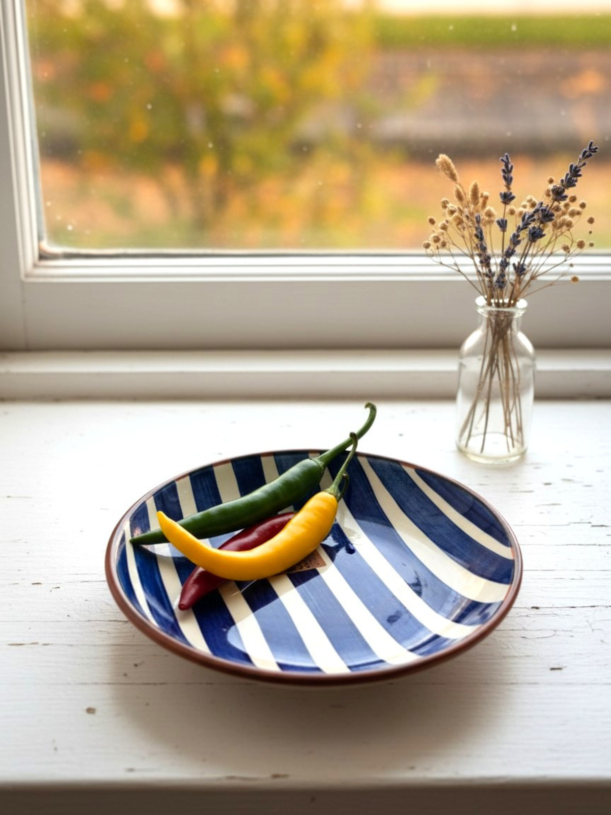 Casa Cubista Bold stripe medium bowl i blå - terracotta med hvide og blå striber, håndlavet i Portugal, med chili i forskellige farver