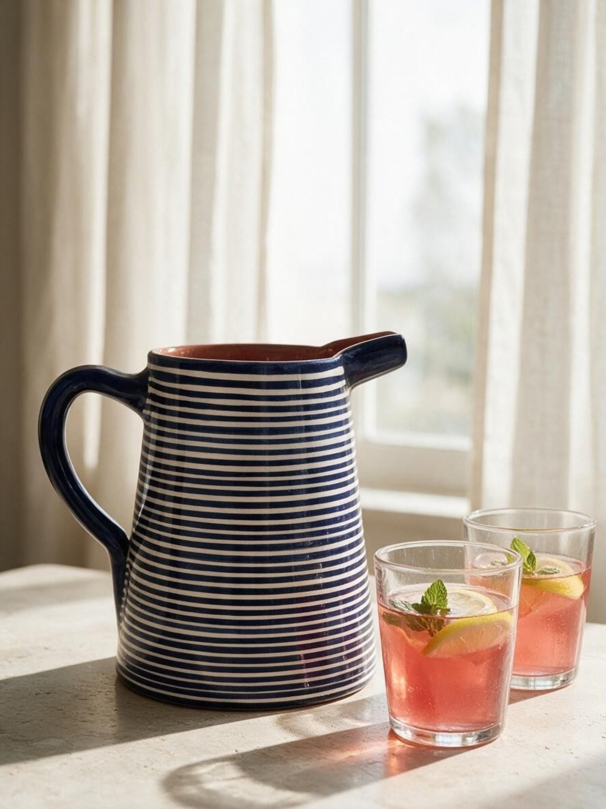 Casa Cubista Classic Stripe blåstribet kande i terracotta foran vindue med glas - håndlavet keramik fra Portugal