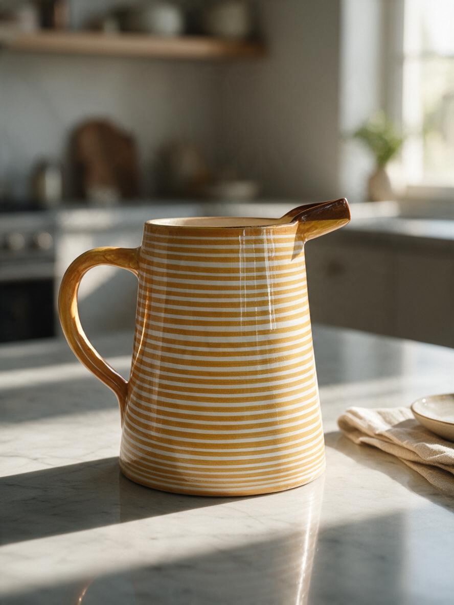 Casa Cubista Classic Stripe kande i terracotta med gule og hvide striber - håndlavet og håndmalet keramik fra Portugal