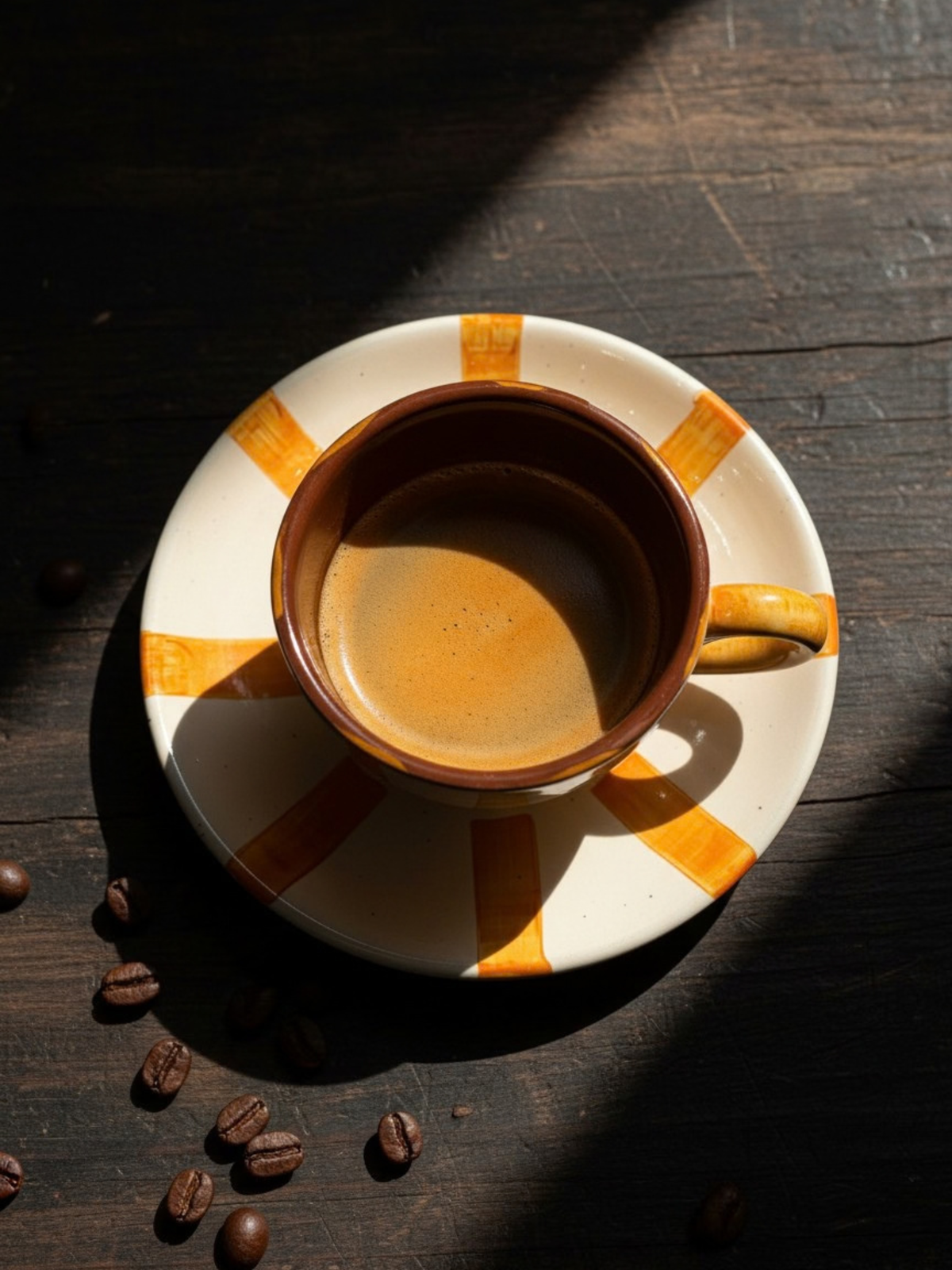 Casa Cubista Vertical Stripe espressokop med underskål i gule og hvide striber på træbord med kaffe - håndmalet terracotta fra Portugal