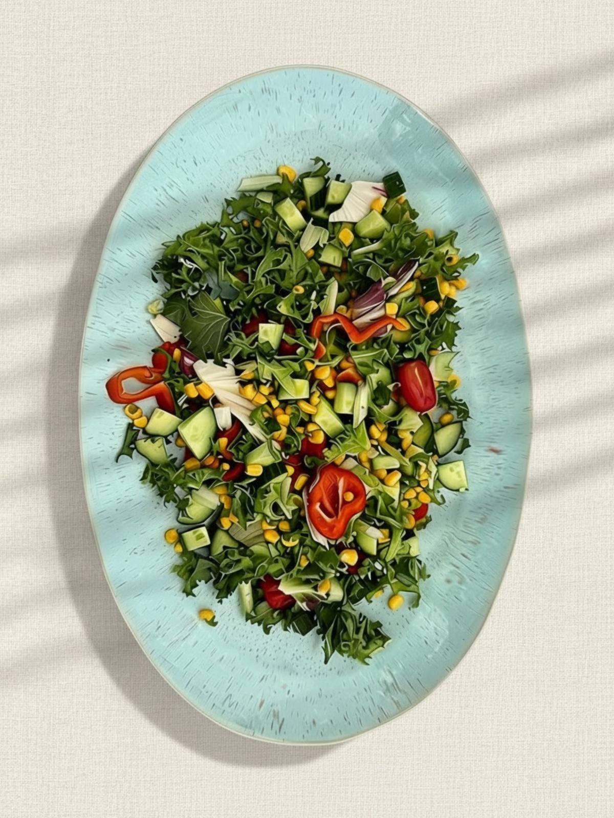 Eivissa ovalt fad fra Costa Nova havblå med reaktiv glasur og med salat - håndlavet keramik fra Portugal