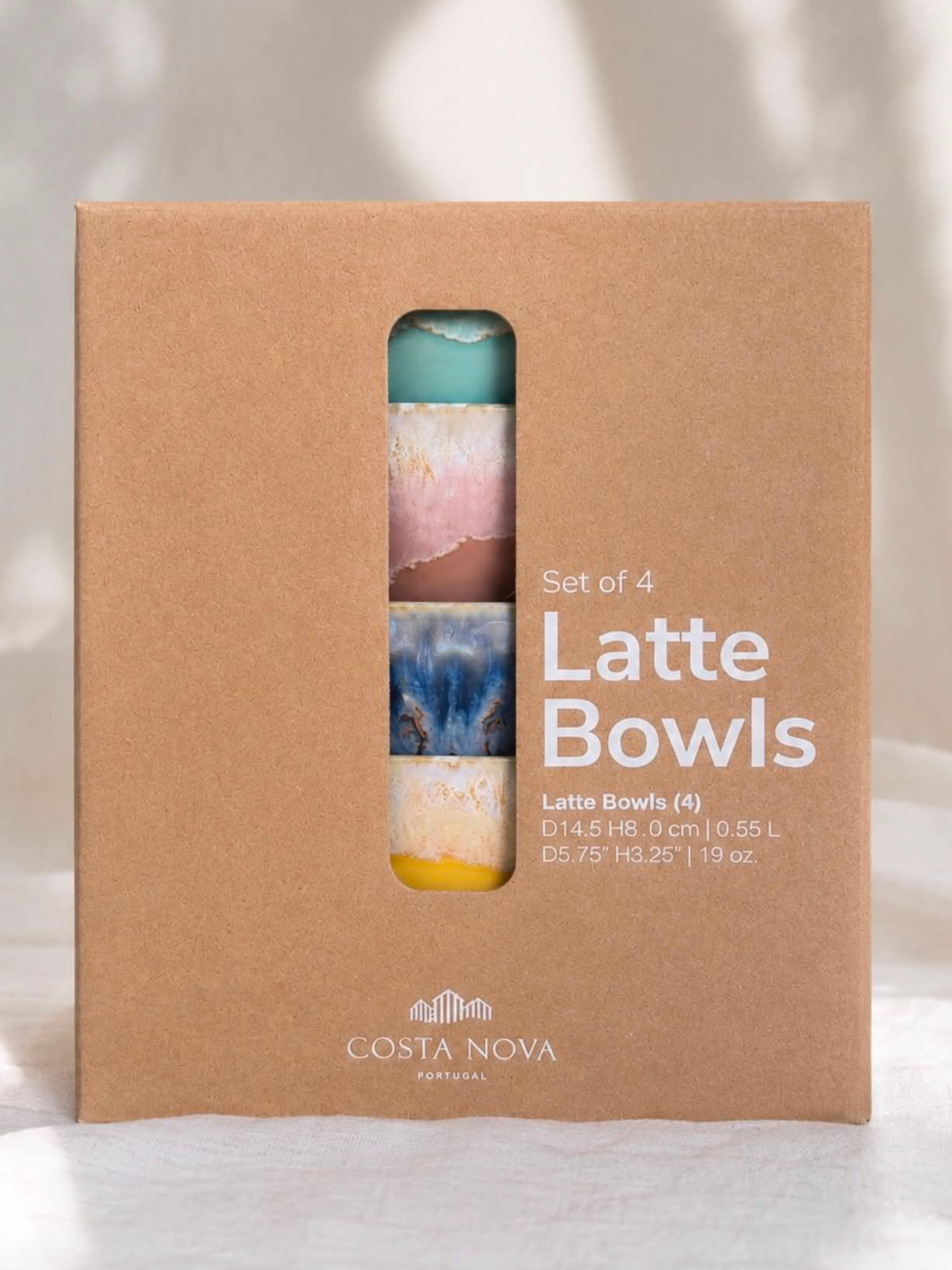 Gaveæske med 4 Costa Nova latte bowls i forskellige farver - håndlavet keramik fra Portugal